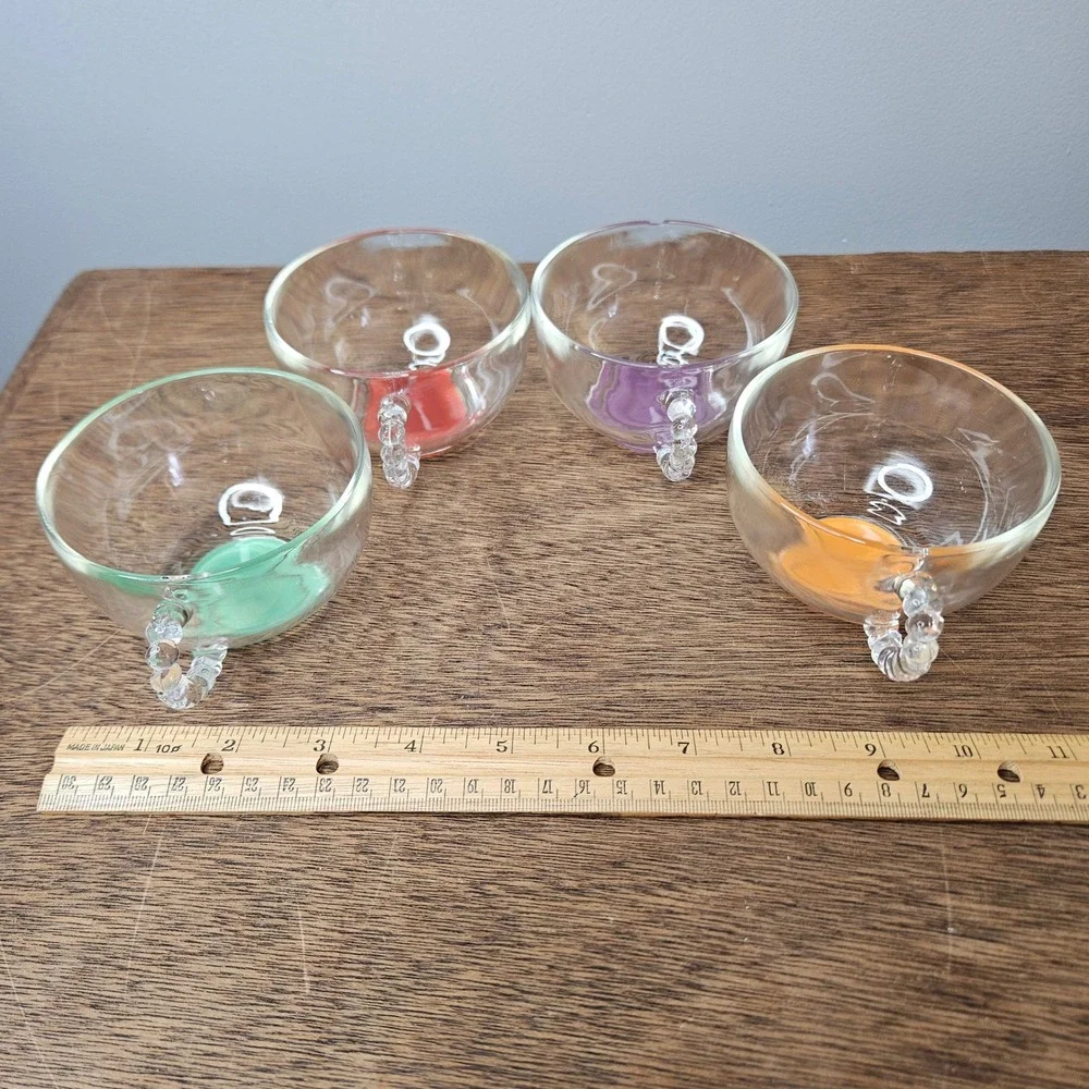 Set of 4 Hand Blown Glass Tea Cups Hobnail‎ Handles Multicolor Base Bohemian Vtg